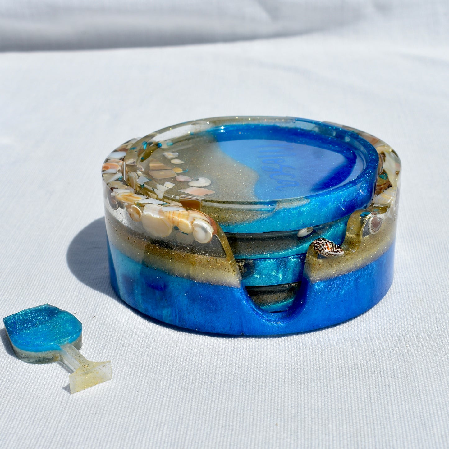 PERSONALIZED Ocean Blue Coasters • Personalized Beach Lover Coasters • Name Coasters w Seashells • Family Coasters