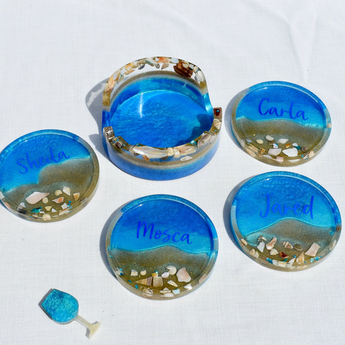 PERSONALIZED Ocean Blue Coasters • Personalized Beach Lover Coasters • Name Coasters w Seashells • Family Coasters