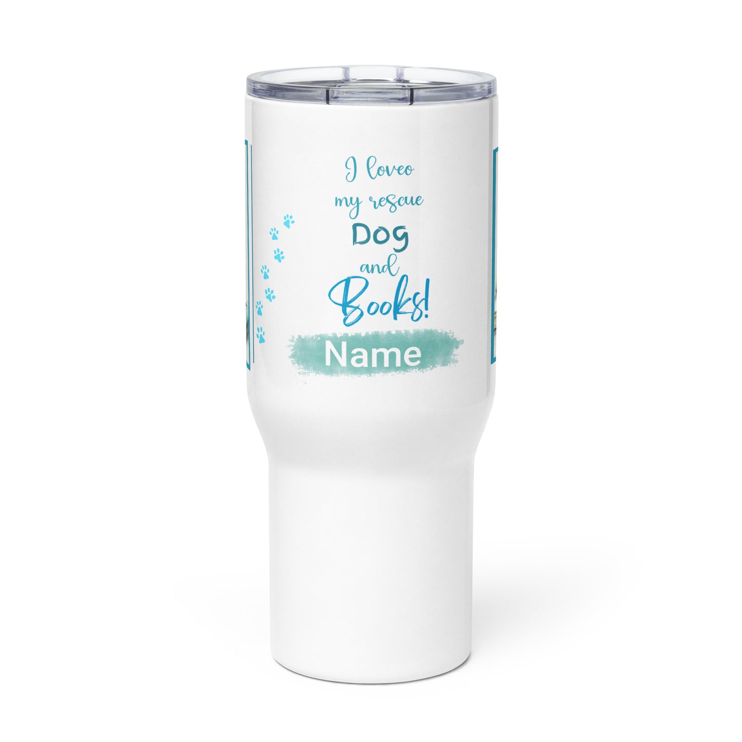 Books & Dog Travel Mug • Rescue Dog & Books Mug • Personalized Dog Mug • Gift for Her• Dog Lover • Book Lover • Bookworm Travel Mug