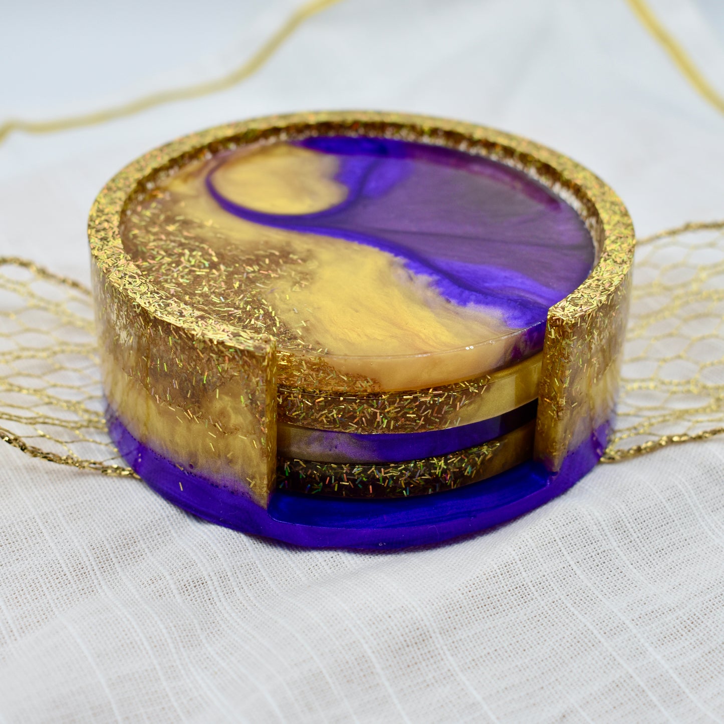 Purple & Gold Coasters with Holder - Fraternity Coaster Set