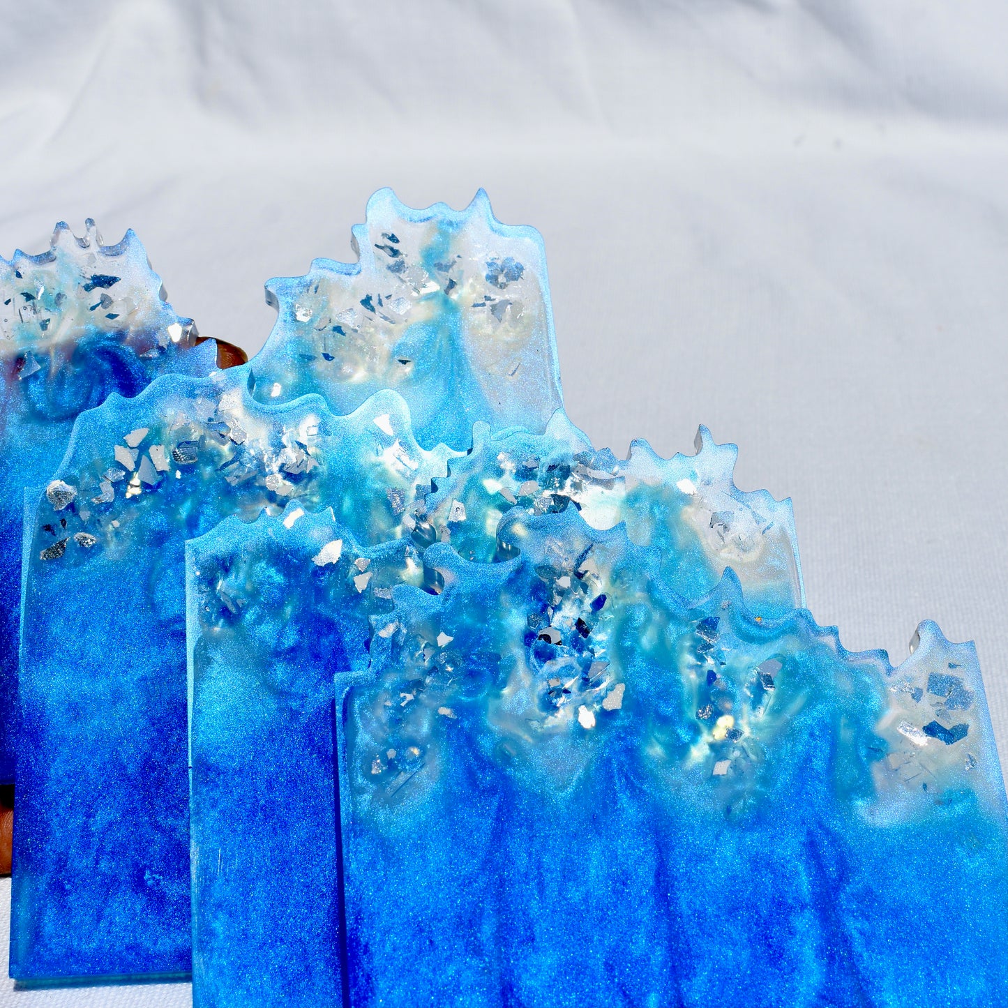 Blue & White Coasters with Stand • Sapphire & Winter White Coasters • Blue Wave Edge Coaster Set