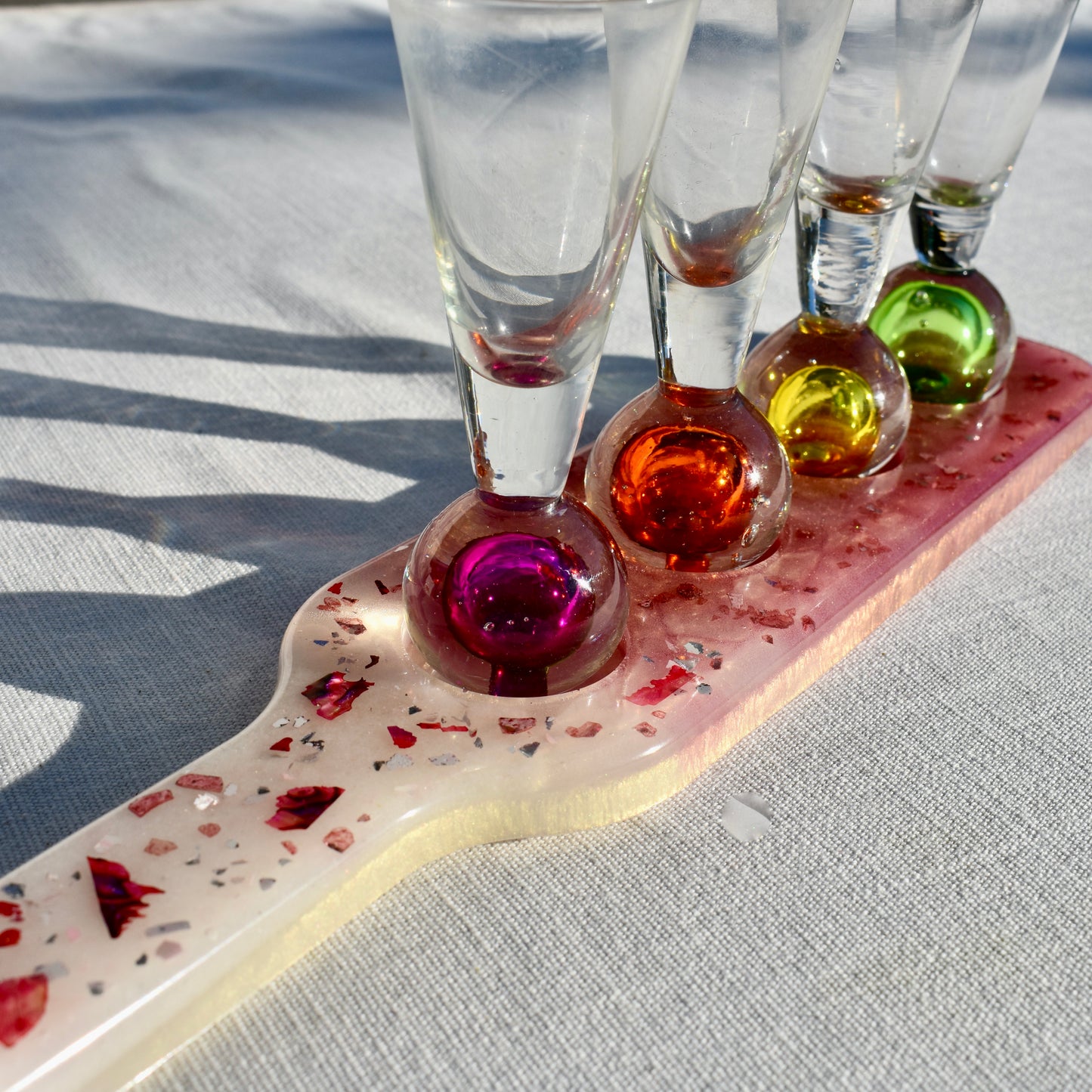 Rose Colored Shot Glass Paddle • Beer Flight Set • Candle Holder