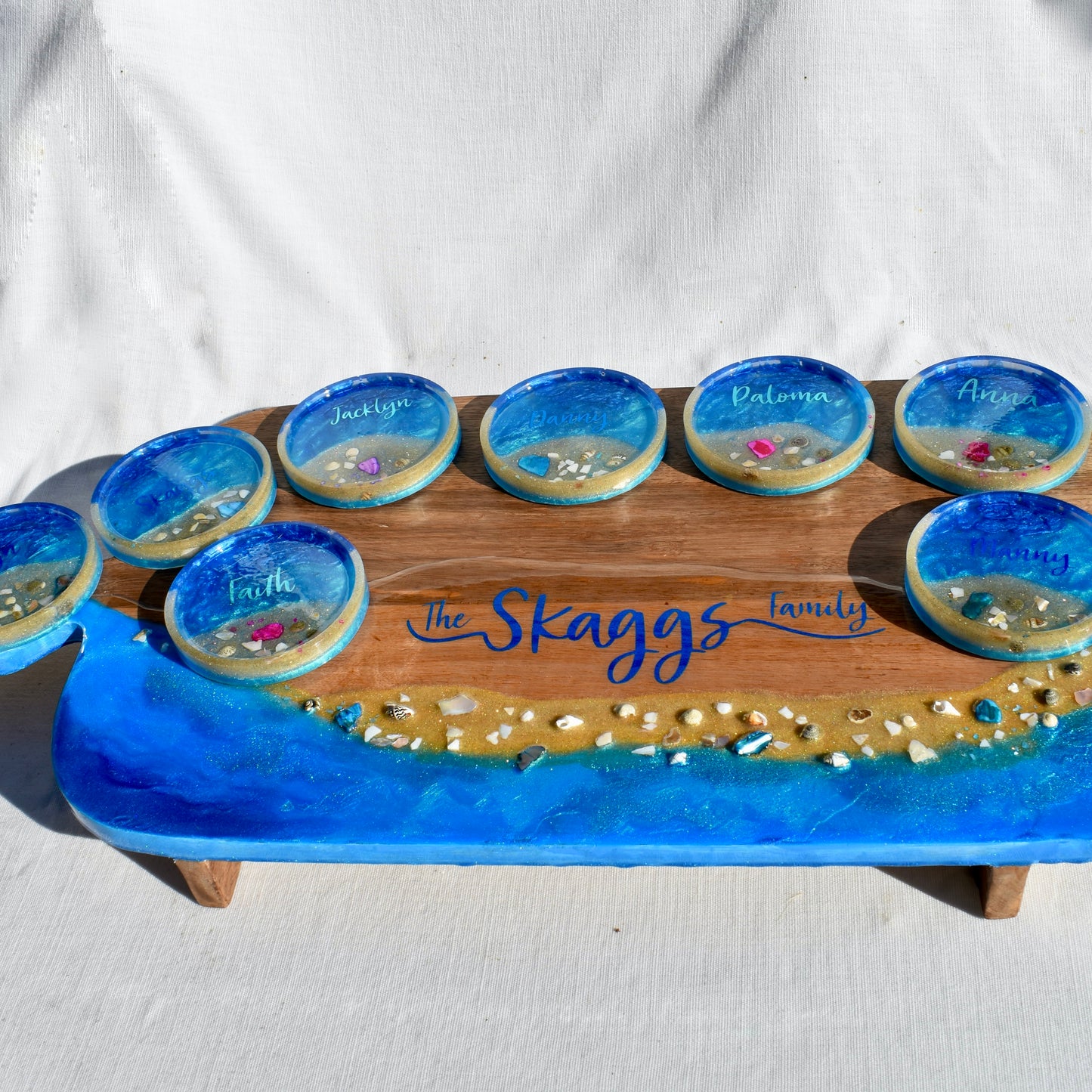 Personalized Beach Themed Charcuterie Board w Coasters • 9-Piece Beach Themed Charcuterie & Coaster Set