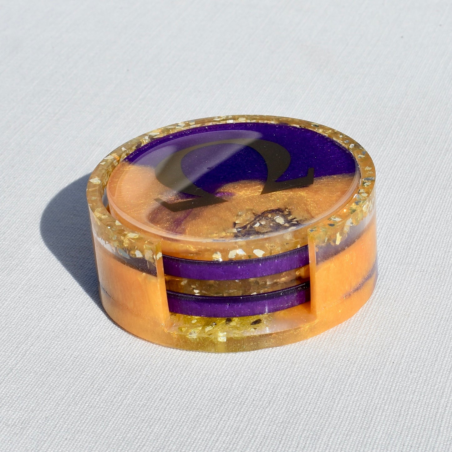Purple & Gold Coasters with Holder - Fraternity Coaster Set