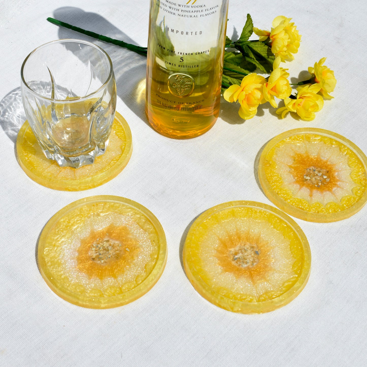 4 Lemon Yellow Flower Coasters • 4 Yellow 3D Coasters • Yellow Barware