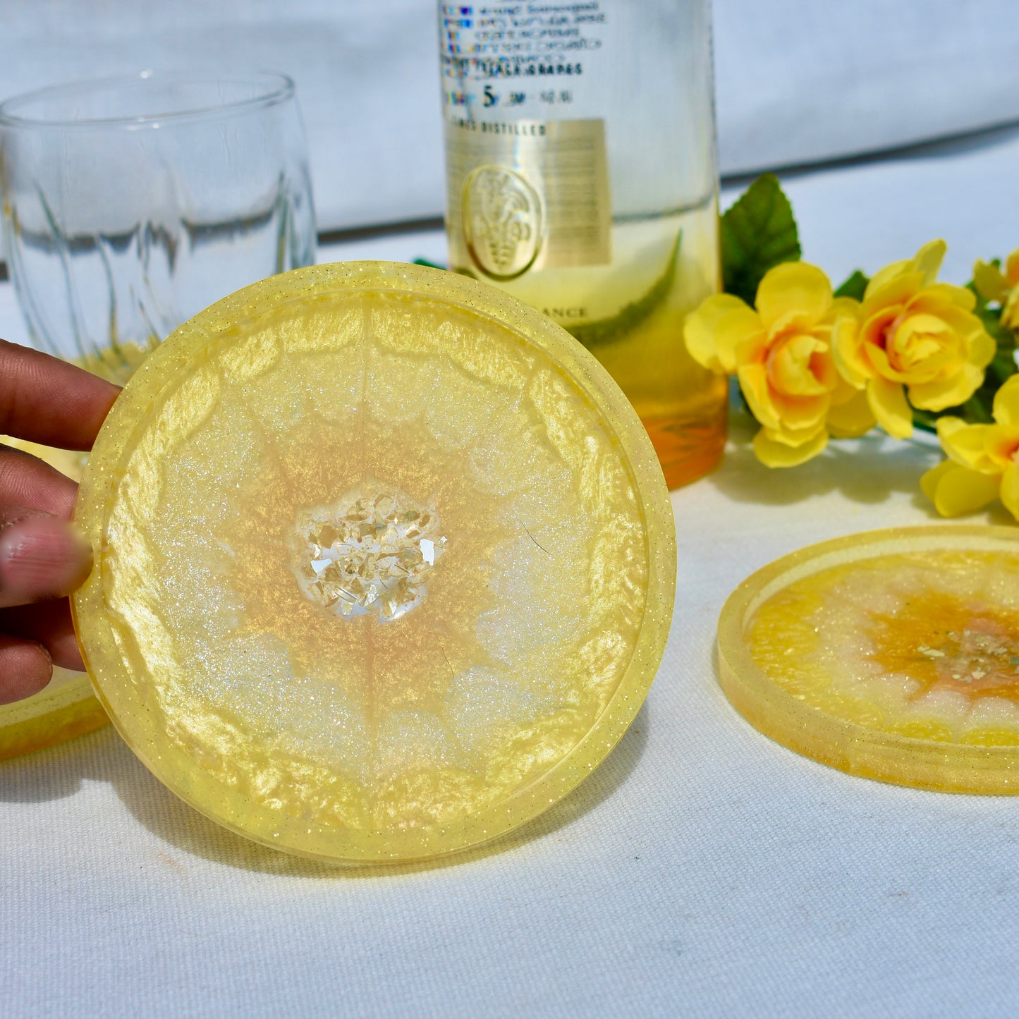 4 Lemon Yellow Flower Coasters • 4 Yellow 3D Coasters • Yellow Barware