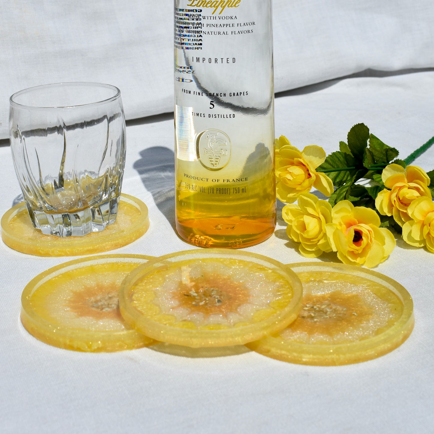 4 Lemon Yellow Flower Coasters • 4 Yellow 3D Coasters • Yellow Barware