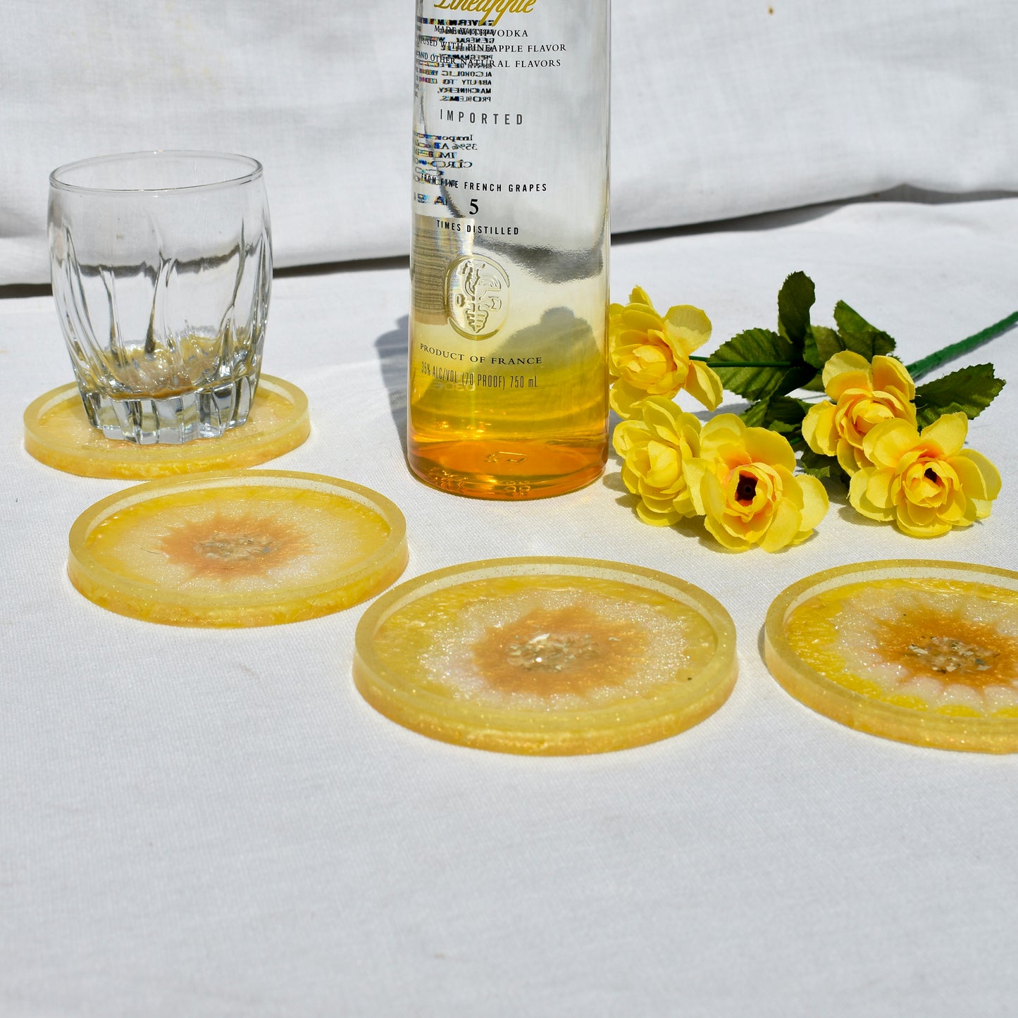 4 Lemon Yellow Flower Coasters • 4 Yellow 3D Coasters • Yellow Barware