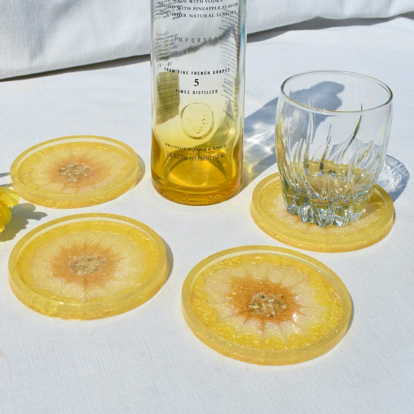 4 Lemon Yellow Flower Coasters • 4 Yellow 3D Coasters • Yellow Barware