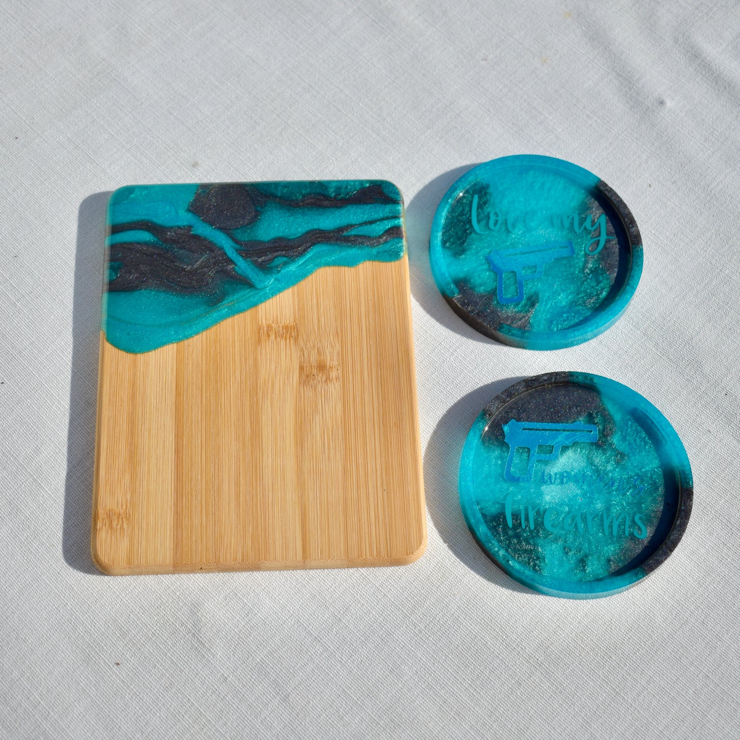 Women’s Firearm Coaster & Charcuterie Board Set • 2A 3-piece Coaster Set • Female Gun Lover Coasters & Snack Board Set