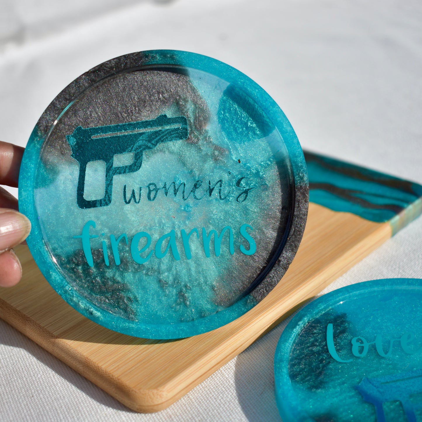 Women’s Firearm Coaster & Charcuterie Board Set • 2A 3-piece Coaster Set • Female Gun Lover Coasters & Snack Board Set
