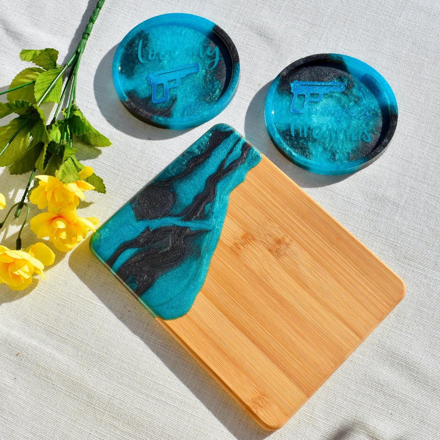 Women’s Firearm Coaster & Charcuterie Board Set • 2A 3-piece Coaster Set • Female Gun Lover Coasters & Snack Board Set