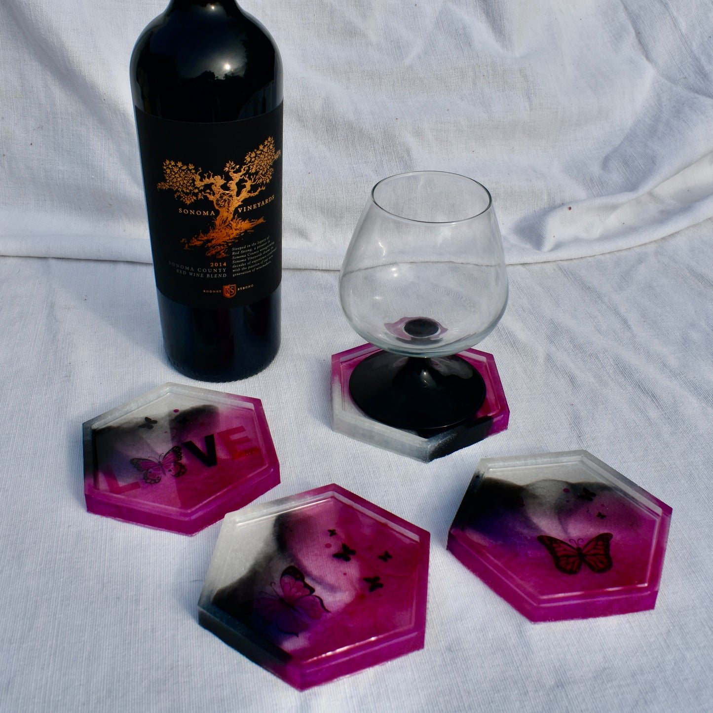 Butterfly Hexagon Coasters (Set of 4) • Pink & Black Butterfly Coaster Set