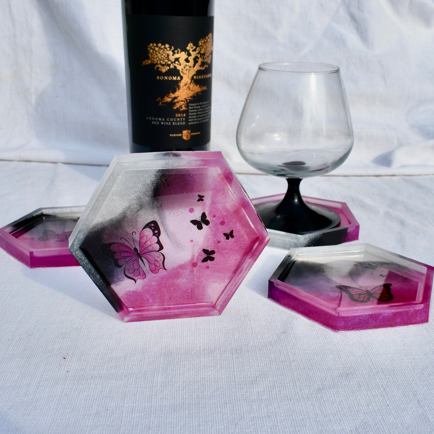 Butterfly Hexagon Coasters (Set of 4) • Pink & Black Butterfly Coaster Set