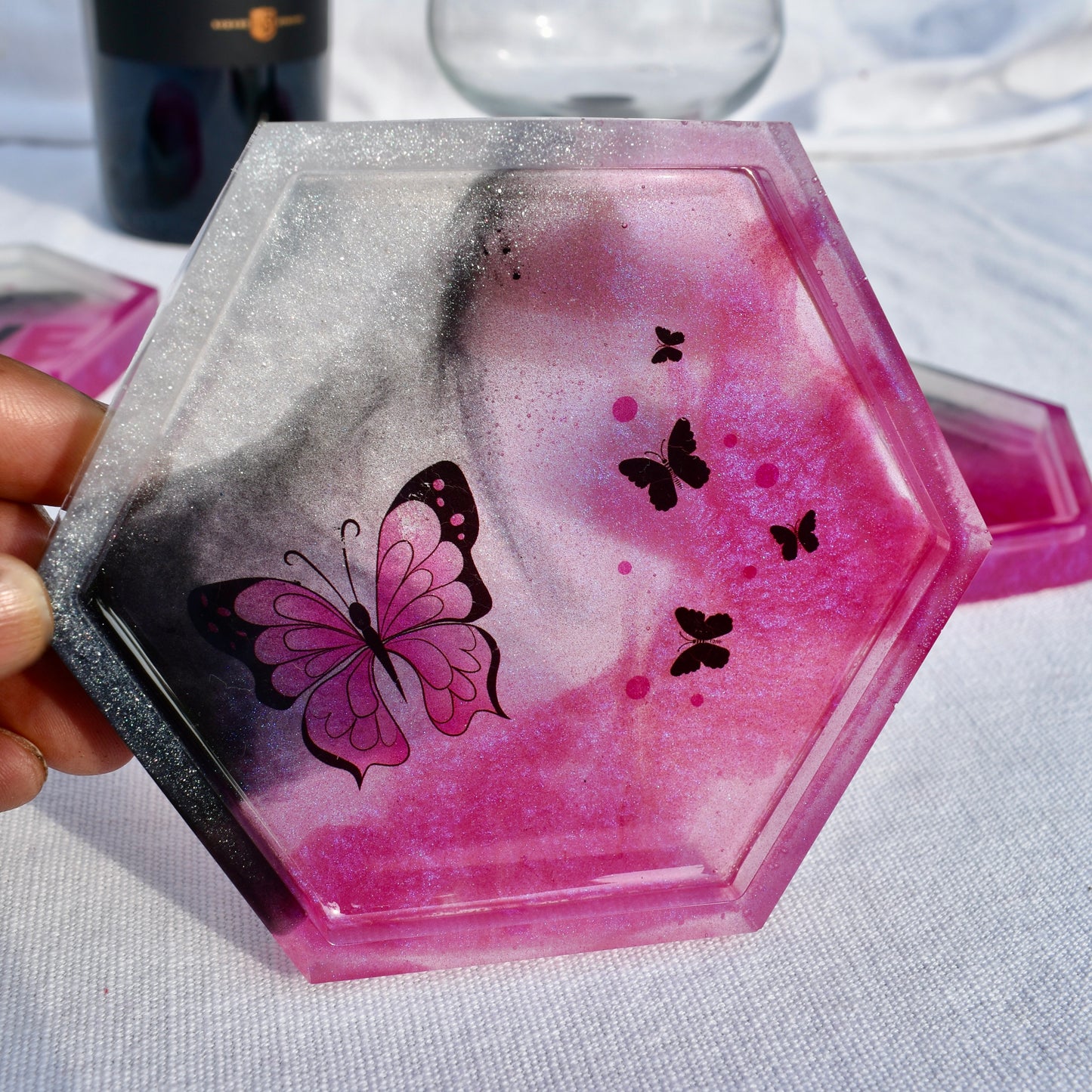 Butterfly Hexagon Coasters (Set of 4) • Pink & Black Butterfly Coaster Set