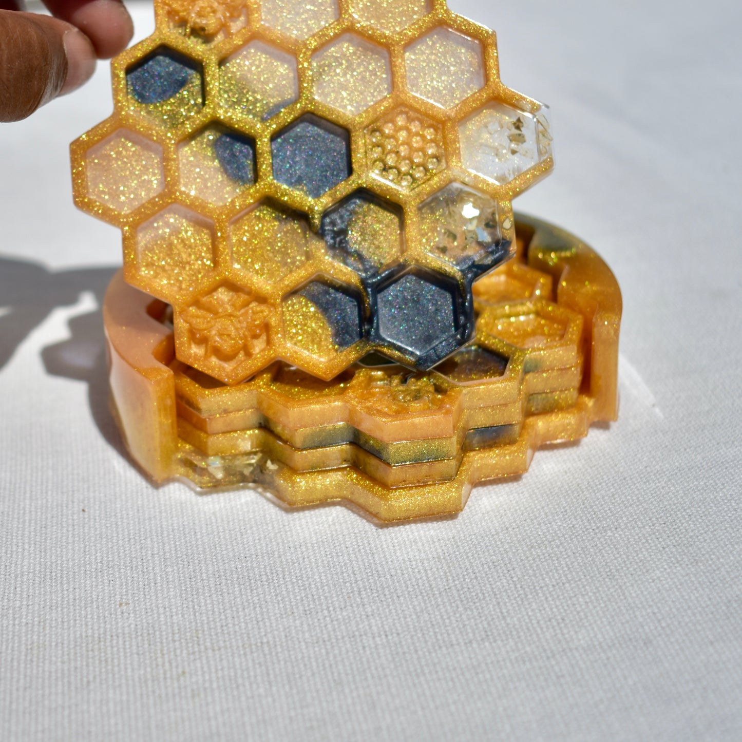 Honeycomb Coasters with Holder • Honey Bee Resin Coasters • Bumble Bee Coaster Set Bee Lover Gift 🐝