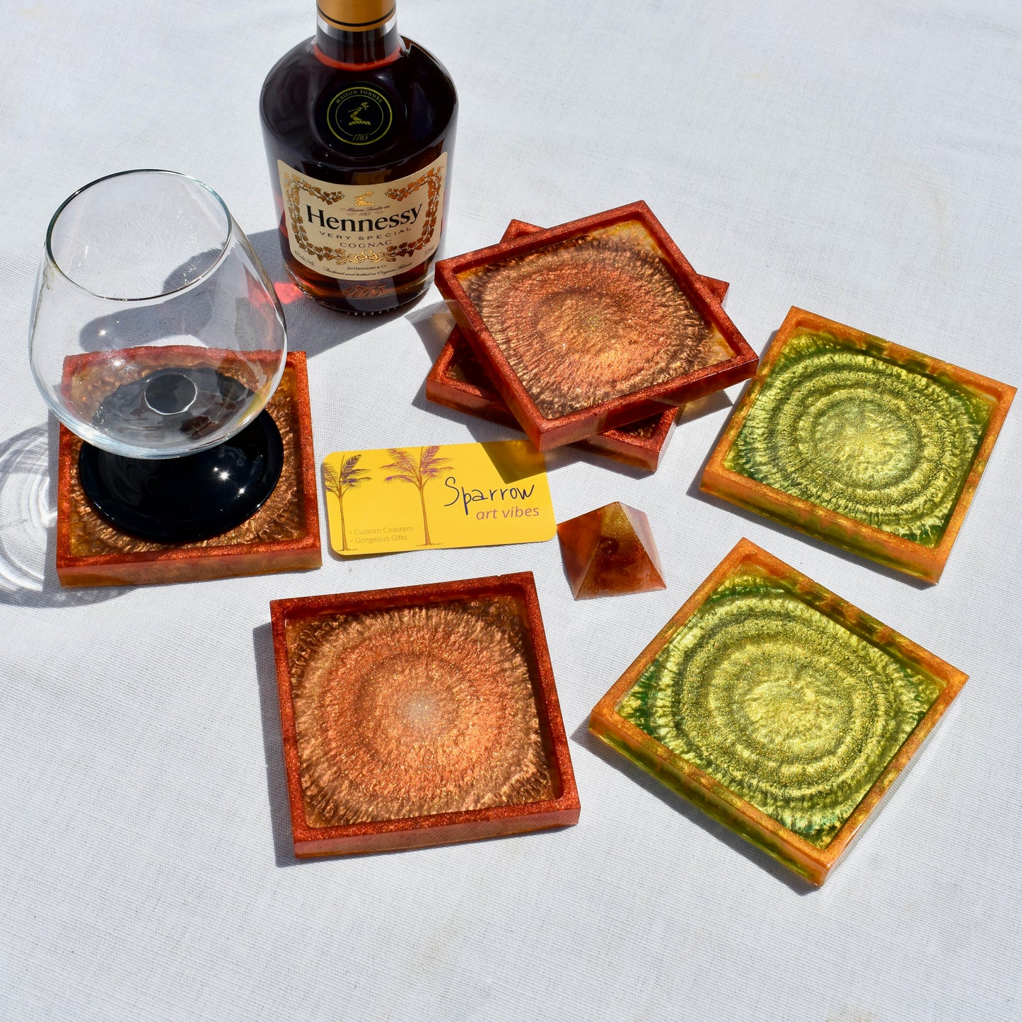 Green & Gold Fall Themed Coaster Set • Autumn Vibes Square Coasters • Thanksgiving Coaster Set
