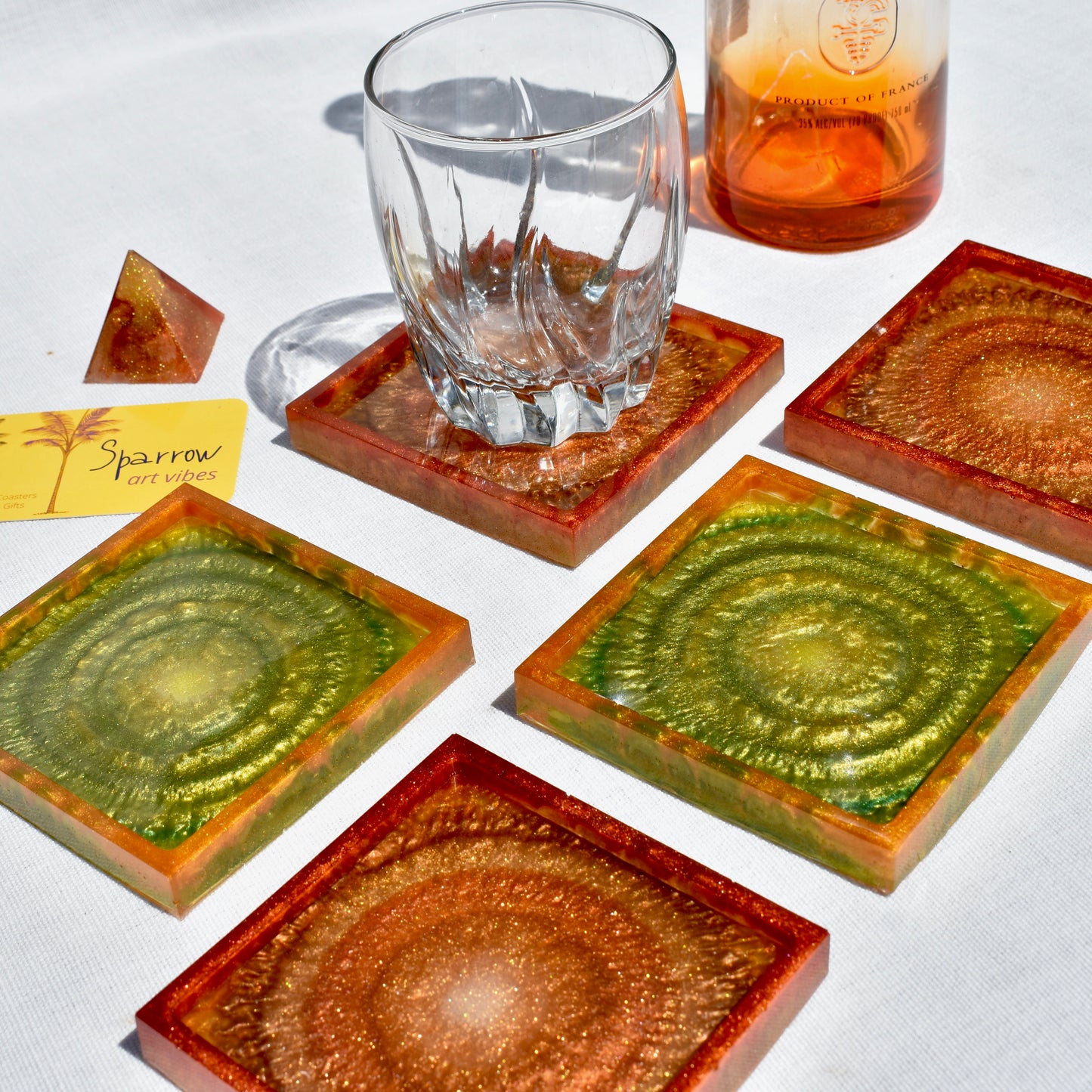 Green & Gold Fall Themed Coaster Set • Autumn Vibes Square Coasters • Thanksgiving Coaster Set