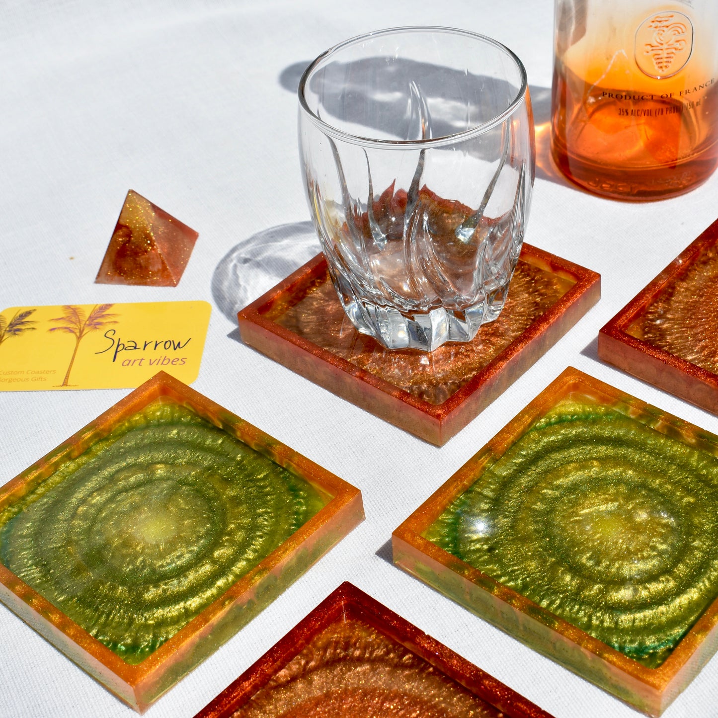 Green & Gold Fall Themed Coaster Set • Autumn Vibes Square Coasters • Thanksgiving Coaster Set
