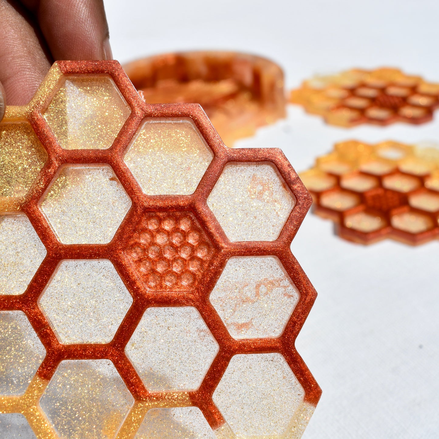 Honeycomb Coasters with Holder • Honey Bee Resin Coasters • Bumble Bee Coaster Set Bee Lover Gift 🐝