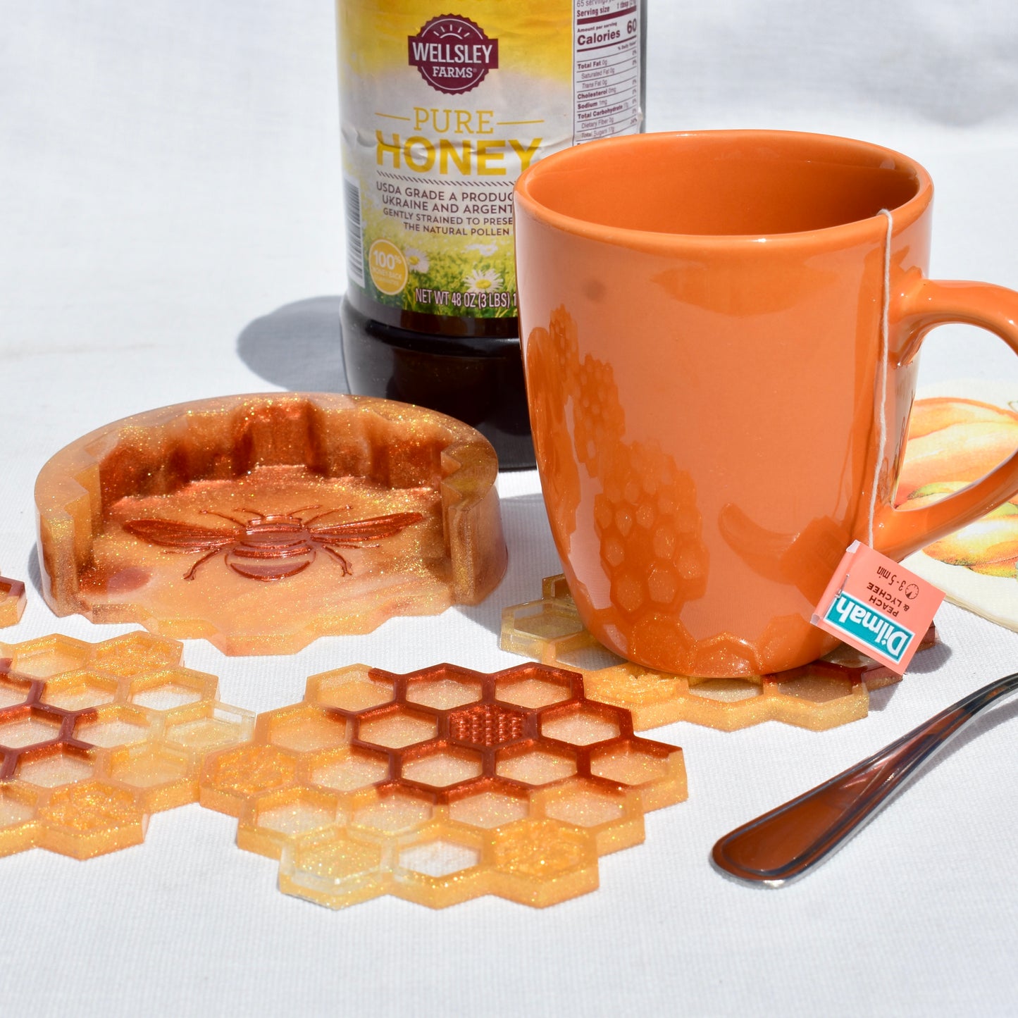 Honeycomb Coasters with Holder • Honey Bee Resin Coasters • Bumble Bee Coaster Set Bee Lover Gift 🐝