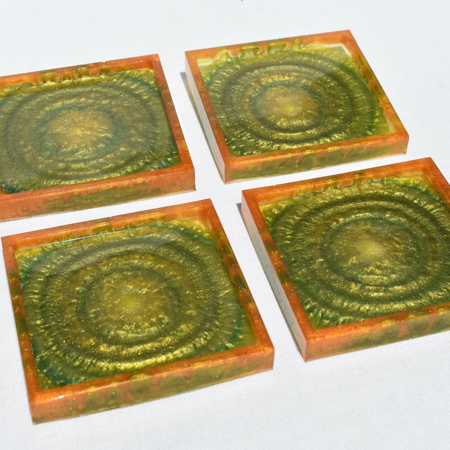 Green & Gold Fall Themed Coaster Set • Autumn Vibes Square Coasters • Thanksgiving Coaster Set