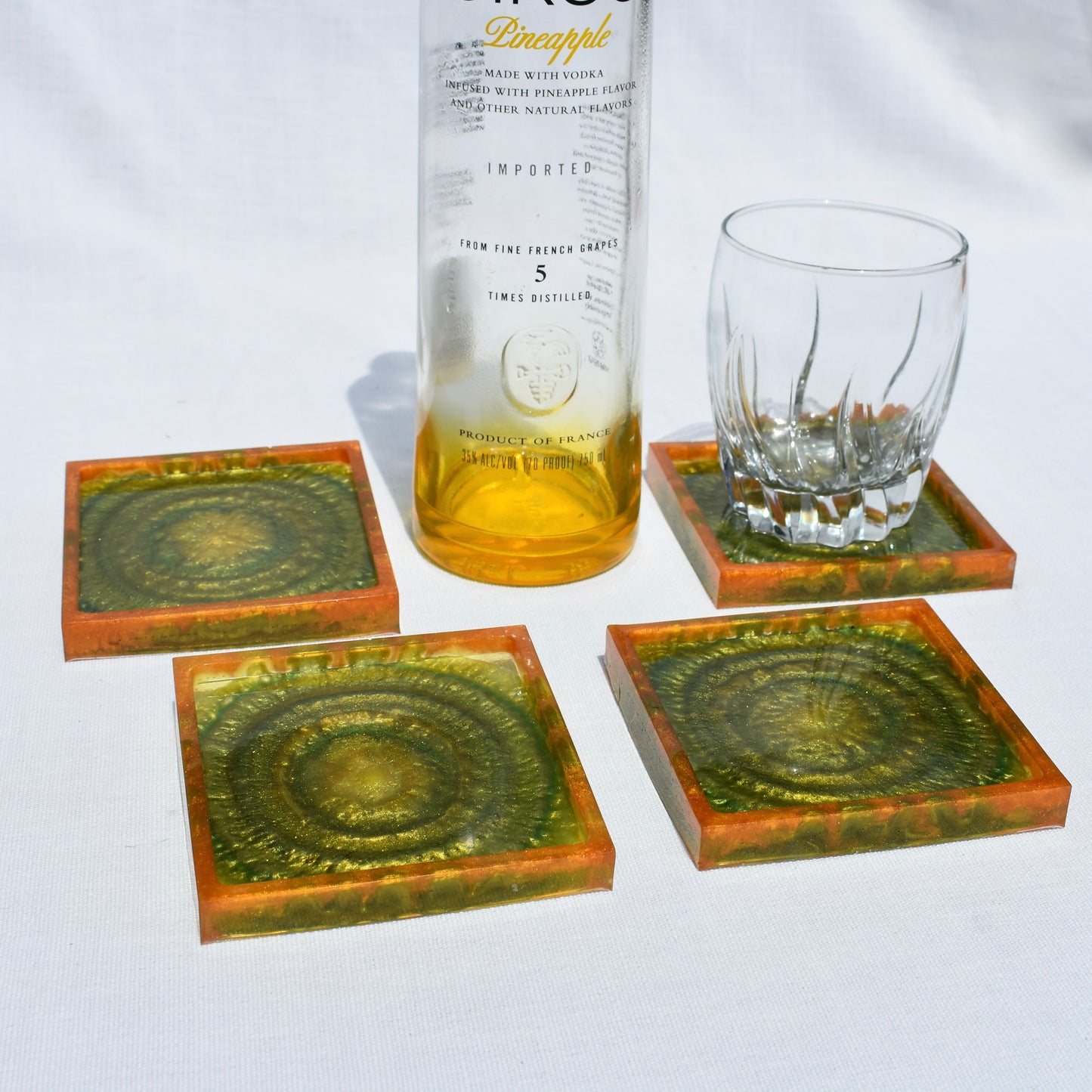 Green & Gold Fall Themed Coaster Set • Autumn Vibes Square Coasters • Thanksgiving Coaster Set
