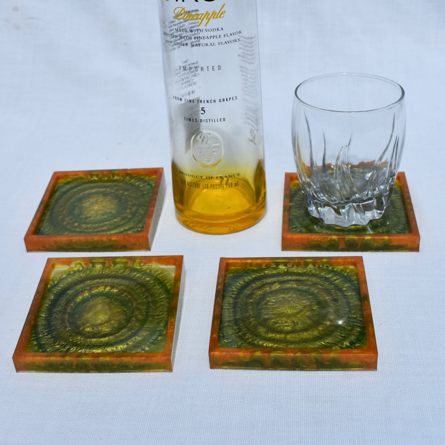 Green & Gold Fall Themed Coaster Set • Autumn Vibes Square Coasters • Thanksgiving Coaster Set