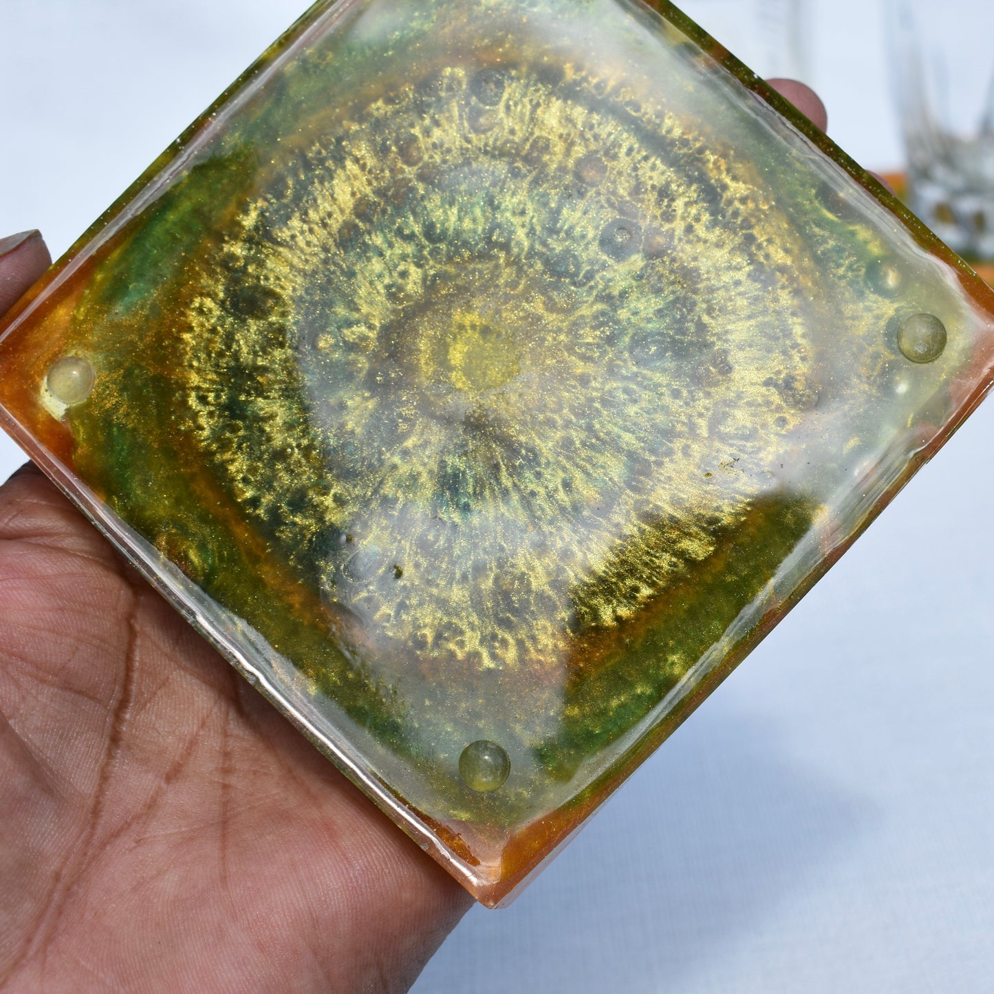 Green & Gold Fall Themed Coaster Set • Autumn Vibes Square Coasters • Thanksgiving Coaster Set