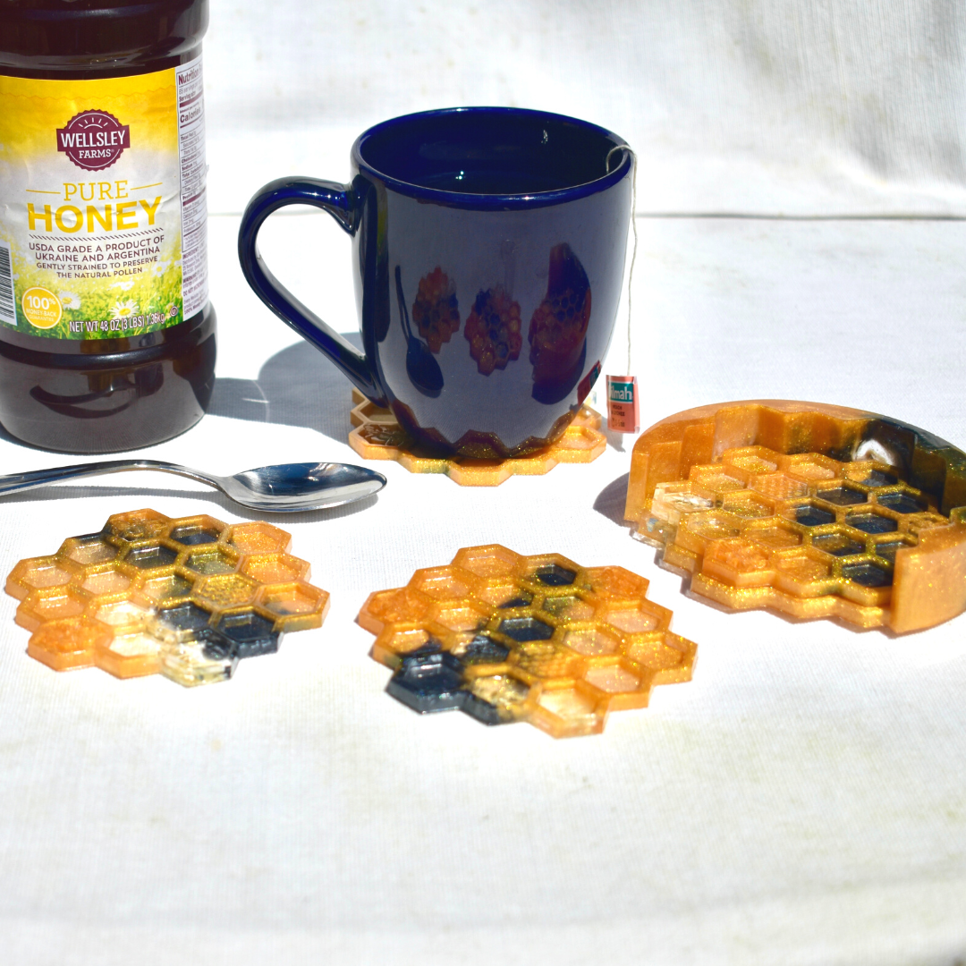 Honeycomb Coasters with Holder • Honey Bee Resin Coasters • Bumble Bee Coaster Set Bee Lover Gift 🐝
