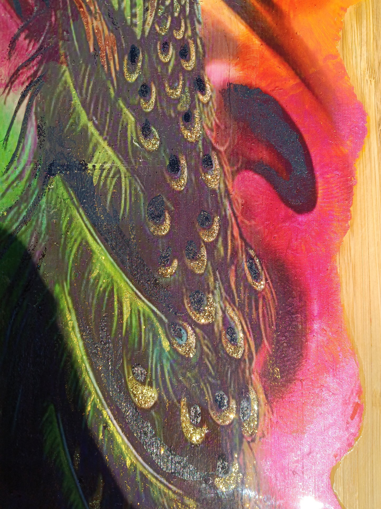 Sparkling 26” Peacock Charcuterie-Cutting Board • Bamboo Peacock Serving Board