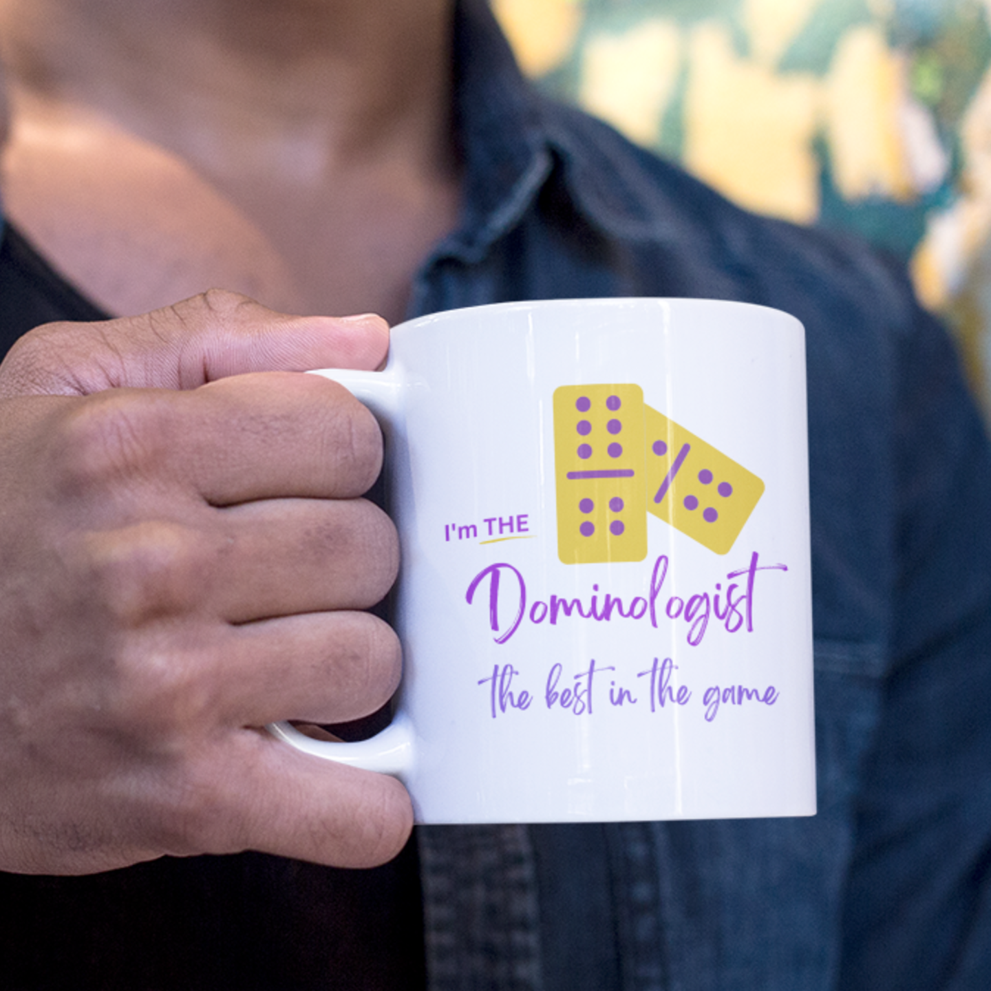 Personalizable “Dominologist” Mug • Purple & Gold Dominoes Coffee Mug • Dominoes Gift Mug
