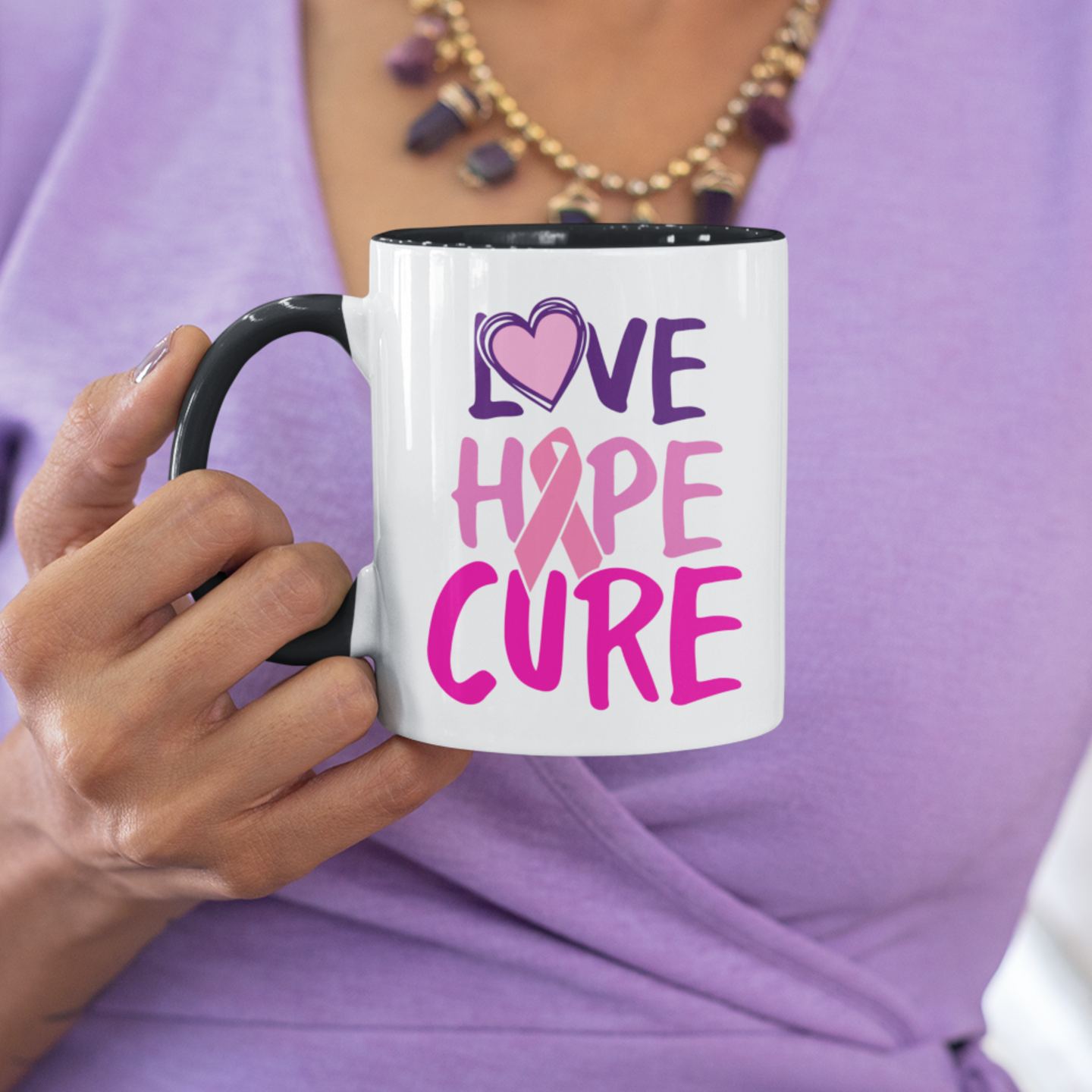 Breast Cancer “Love Hope Cure” Mug 🎀 Inspirational Breast Cancer Coffee