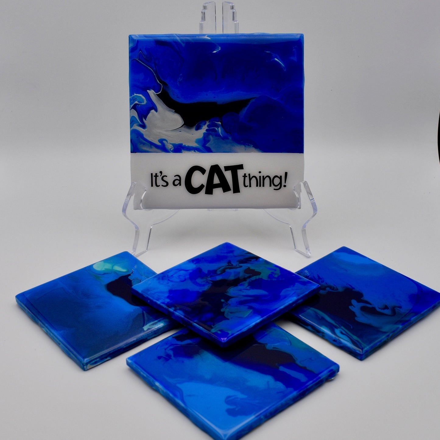 Cat Lover Gift - Purrfect Cat Gift - Cat Lover Gift for Her - Blue Coasters - Ceramic Coaster Set - Wine Lovers - Pour Painting Coasters
