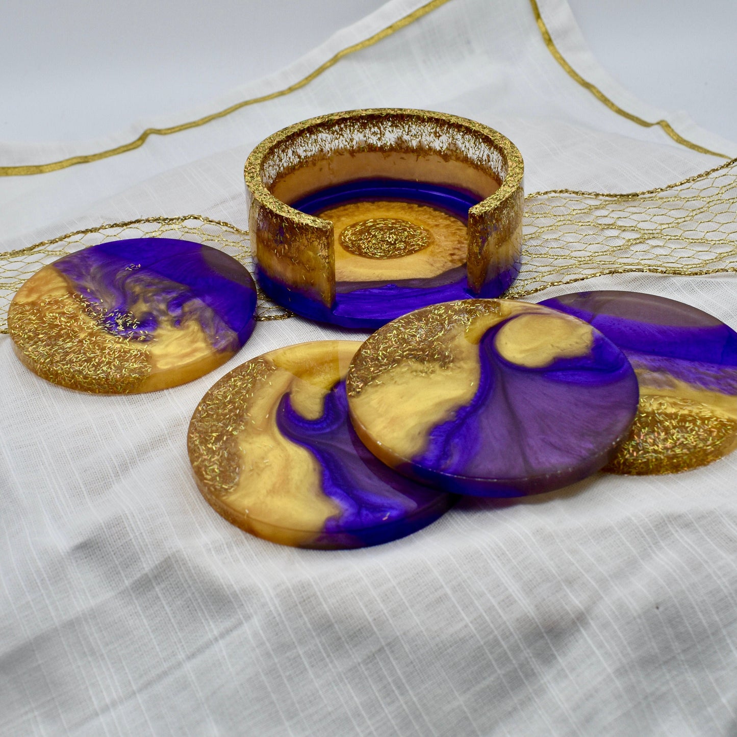 Purple & Gold Coasters with Holder - Fraternity Coaster Set