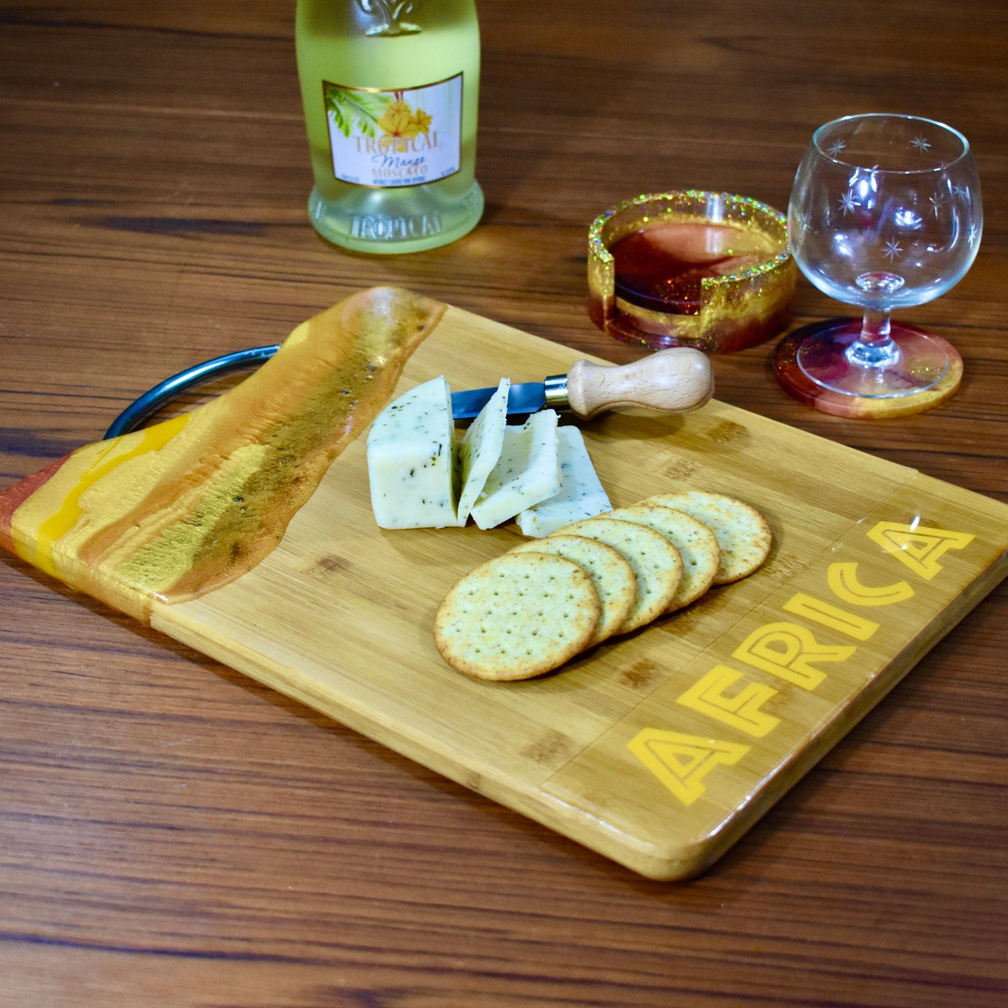 Cutting/Charcuterie Board with Metal Handle - Africa Themed Cheeseboard • Travel Destination Charcuterie Board