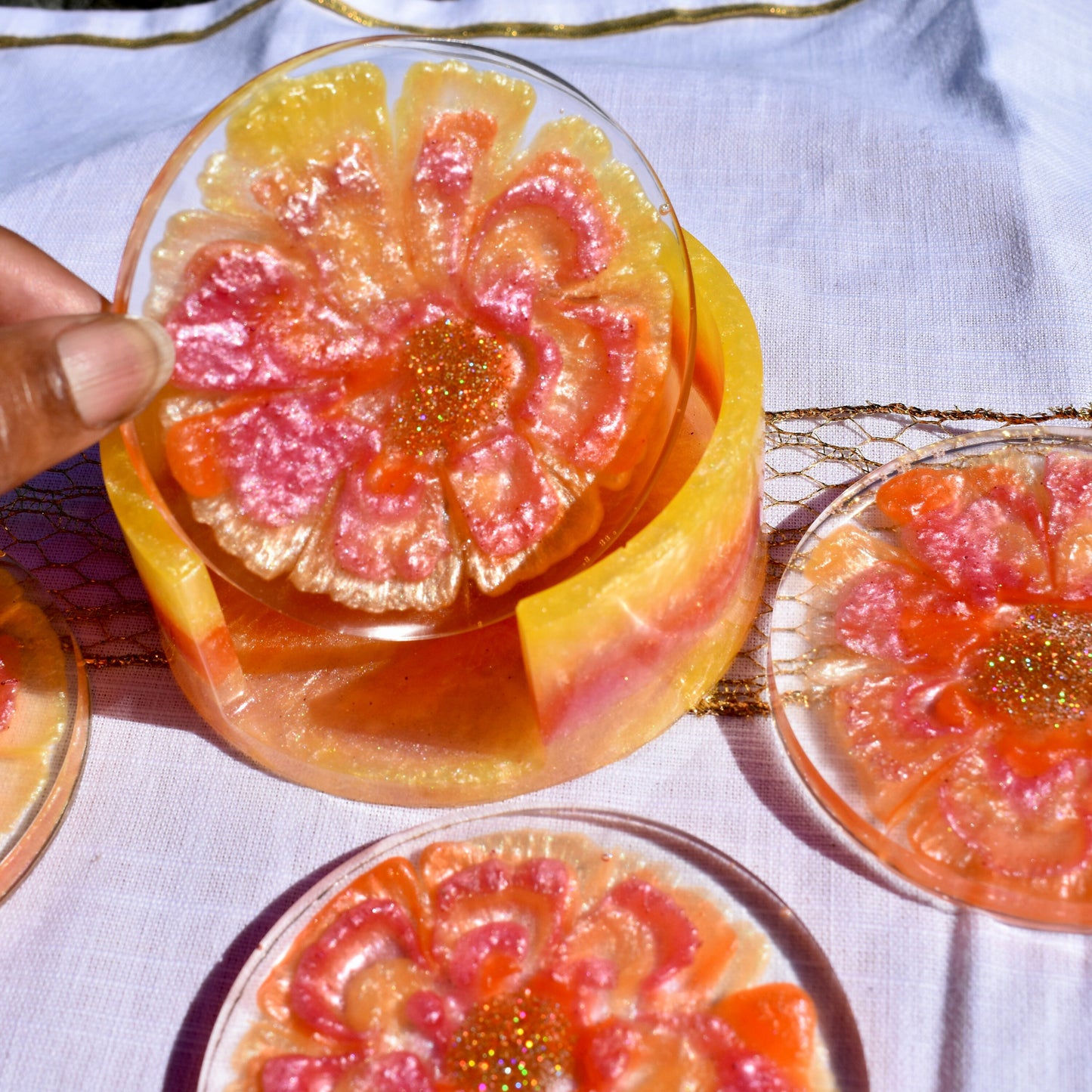 Citrus Coasters with Holder – Summer Citrus Resin Coasters – 4 Citrus Slice Coasters – Citrus Slice Coaster Set - Barware – Fruit Décor