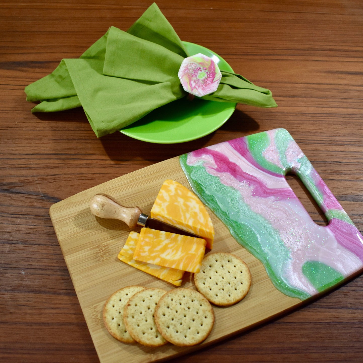Pink & Green Bamboo Charcuterie Board