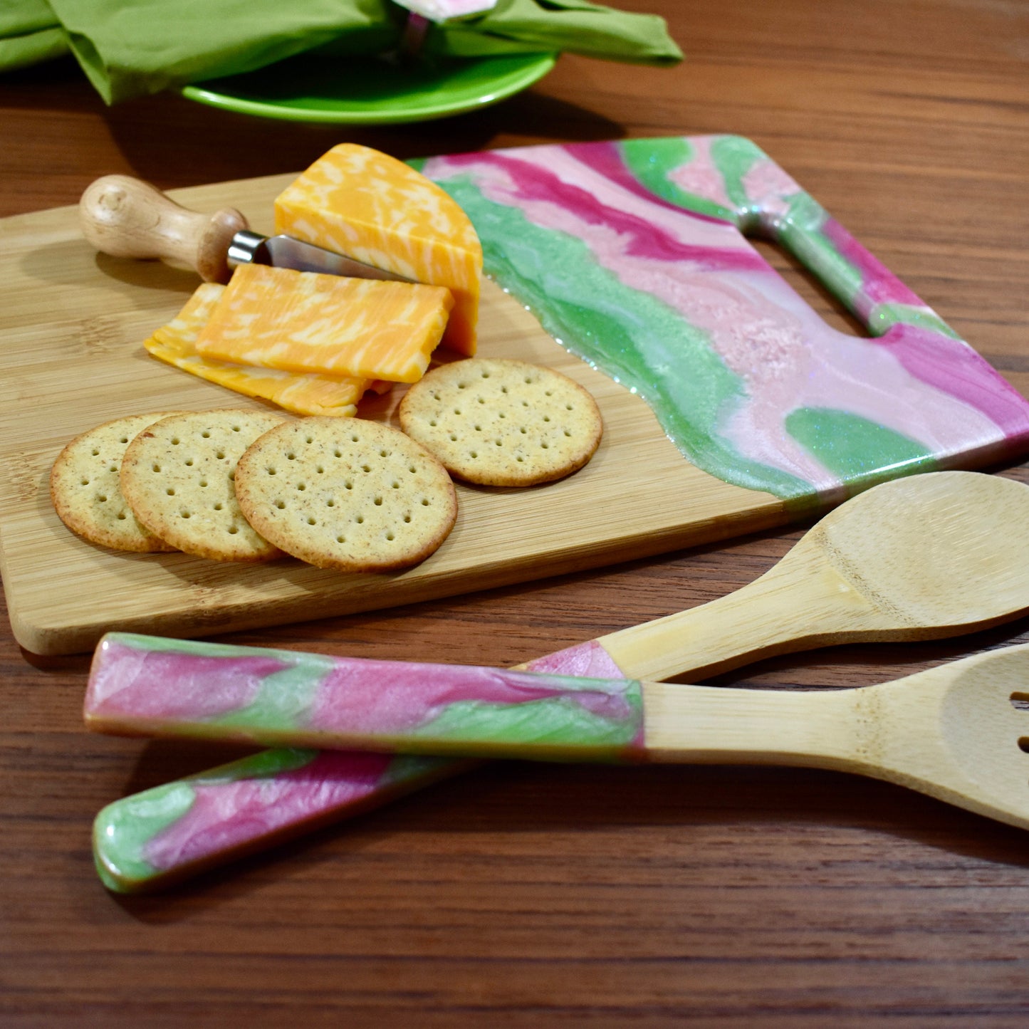 Pink & Green Bamboo Charcuterie Board