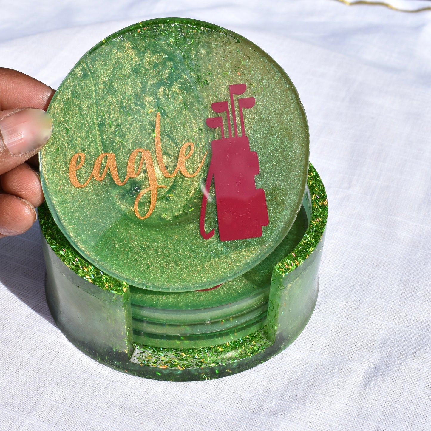 Sports Fan Coasters with Holder • Golf Lover Coasters with Holder