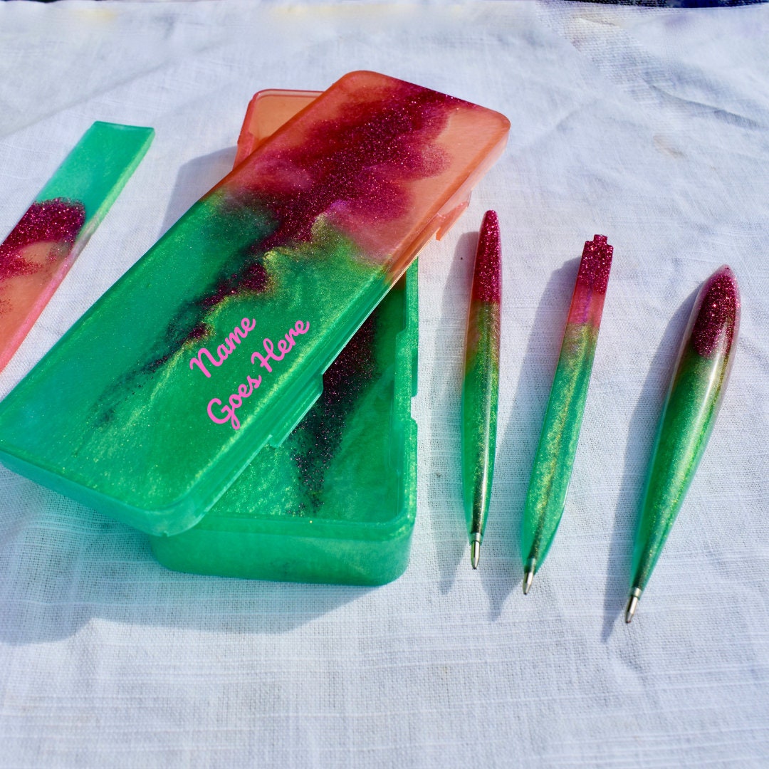 Personalized Pink & Green Ink Pen Set w Case