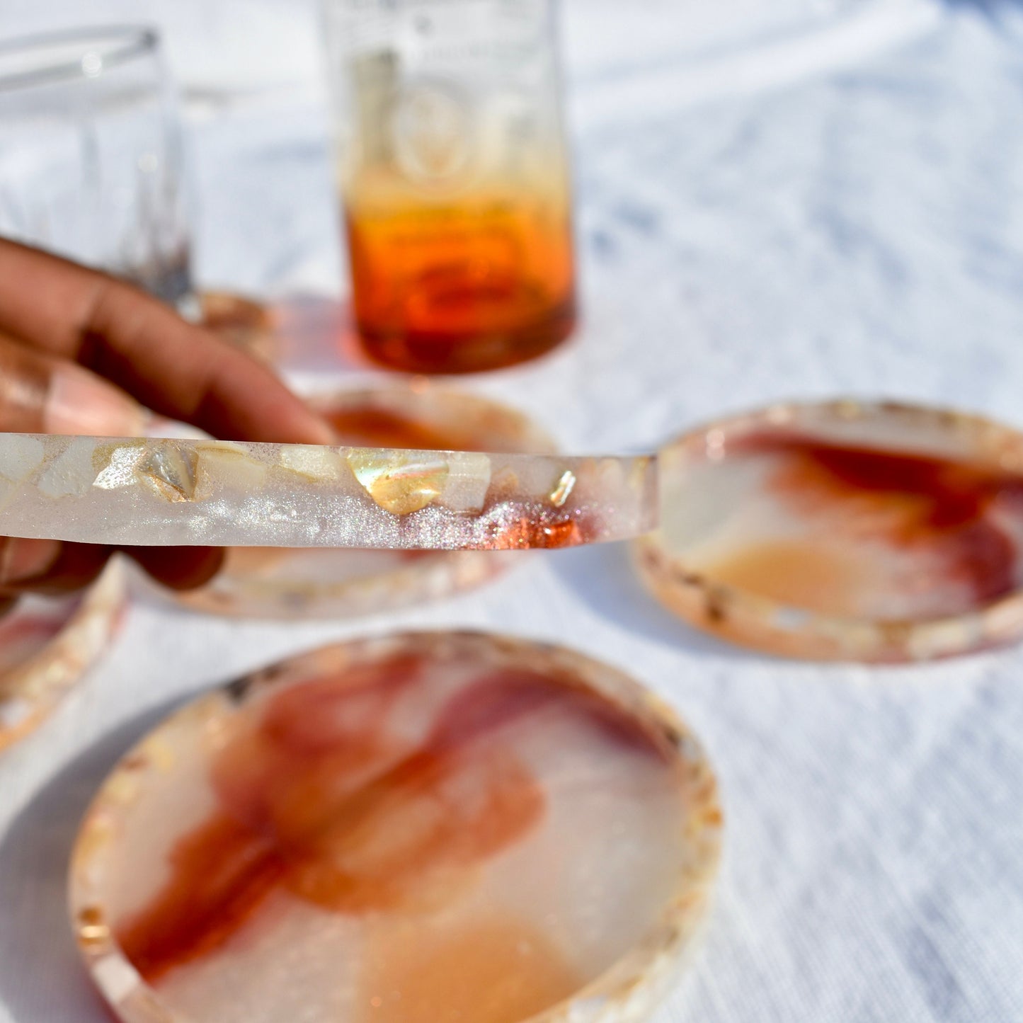 White Autumn Coasters – Pearl Coasters w Abalone Shells - Fall Holiday Coasters – Autumn Vibe Coasters – Autumn Barware - Fall Coasters
