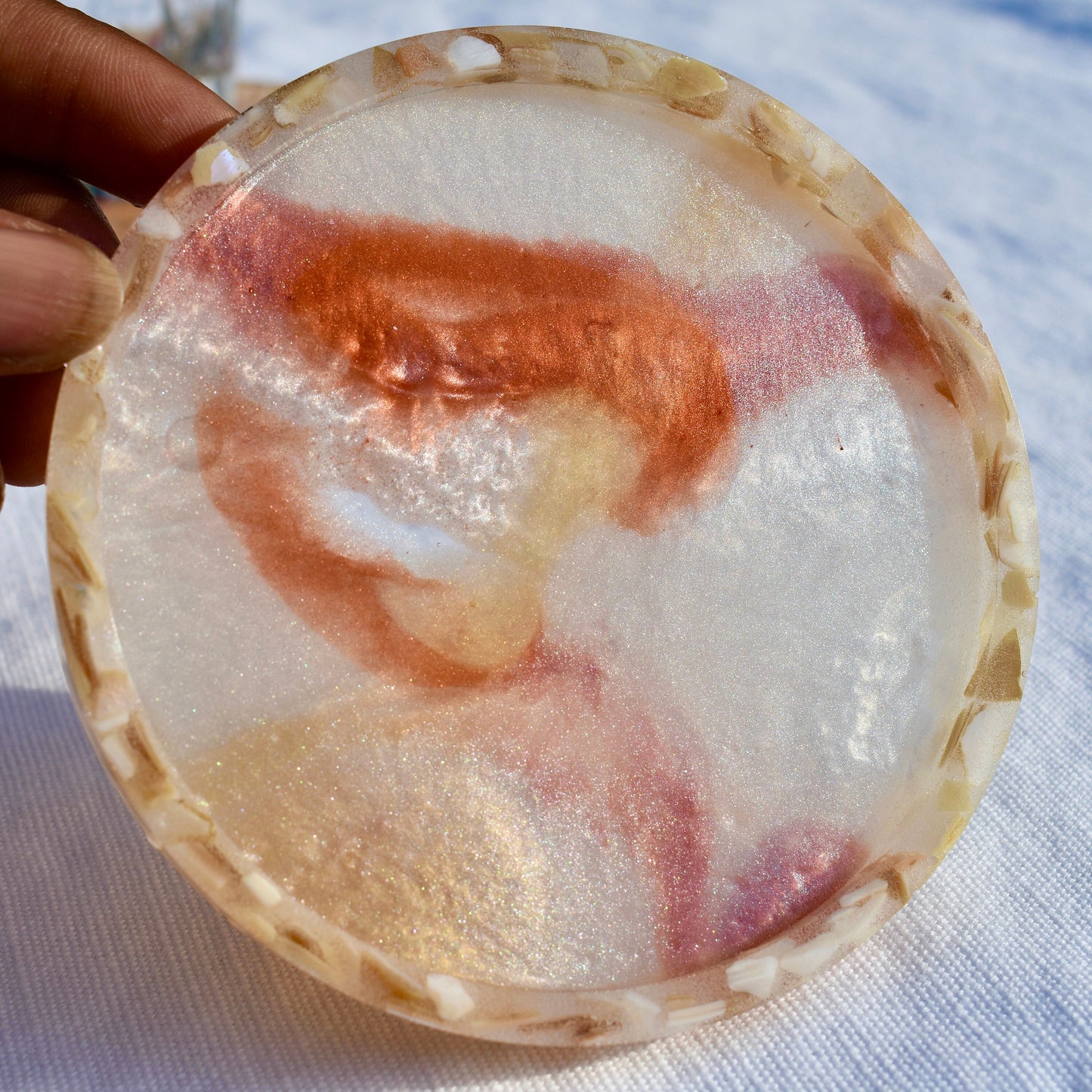 White Autumn Coasters – Pearl Coasters w Abalone Shells - Fall Holiday Coasters – Autumn Vibe Coasters – Autumn Barware - Fall Coasters