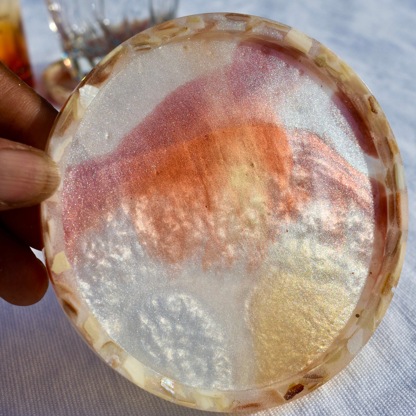White Autumn Coasters – Pearl Coasters w Abalone Shells - Fall Holiday Coasters – Autumn Vibe Coasters – Autumn Barware - Fall Coasters