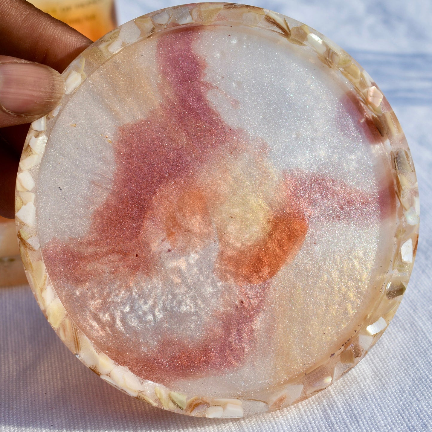 White Autumn Coasters – Pearl Coasters w Abalone Shells - Fall Holiday Coasters – Autumn Vibe Coasters – Autumn Barware - Fall Coasters