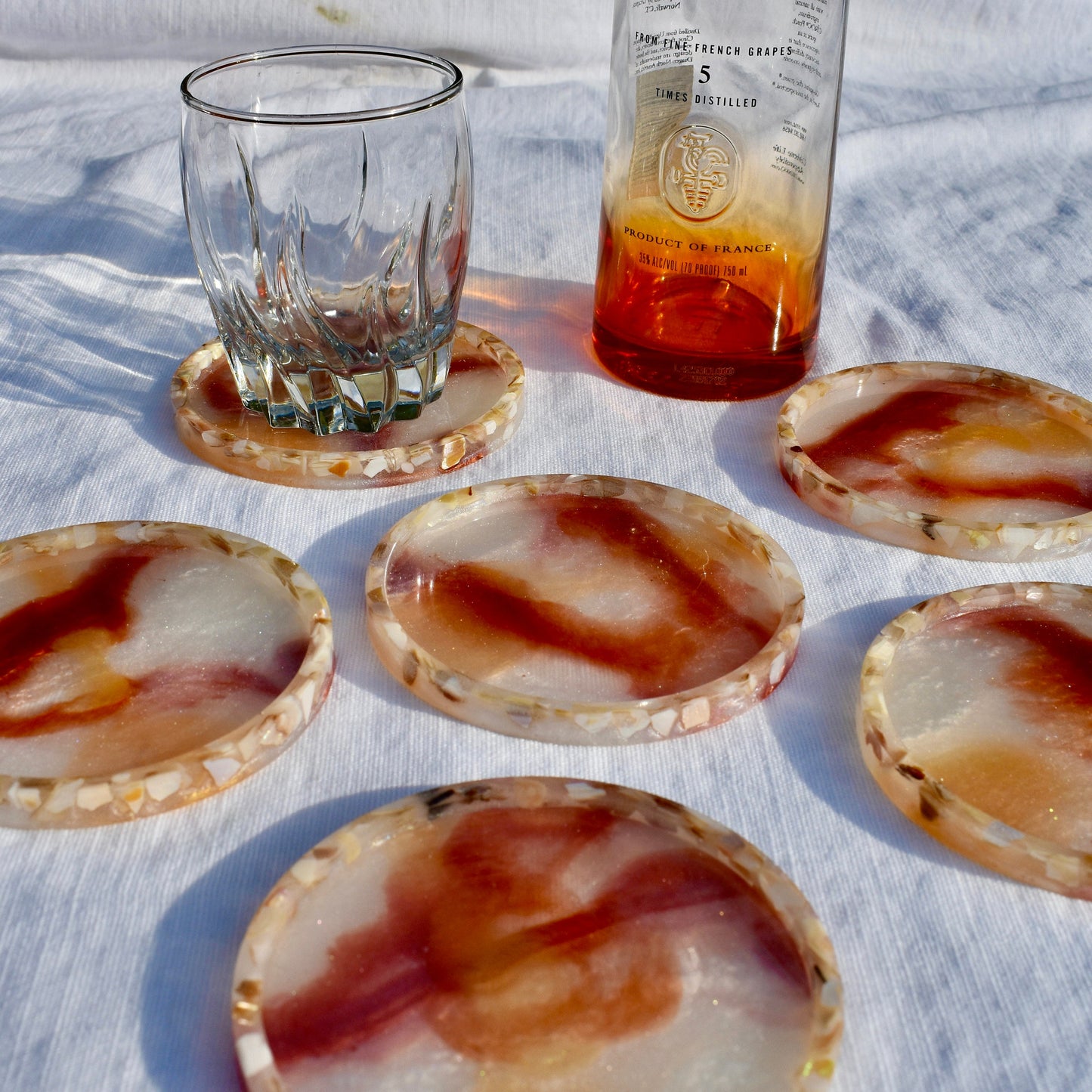 White Autumn Coasters – Pearl Coasters w Abalone Shells - Fall Holiday Coasters – Autumn Vibe Coasters – Autumn Barware - Fall Coasters