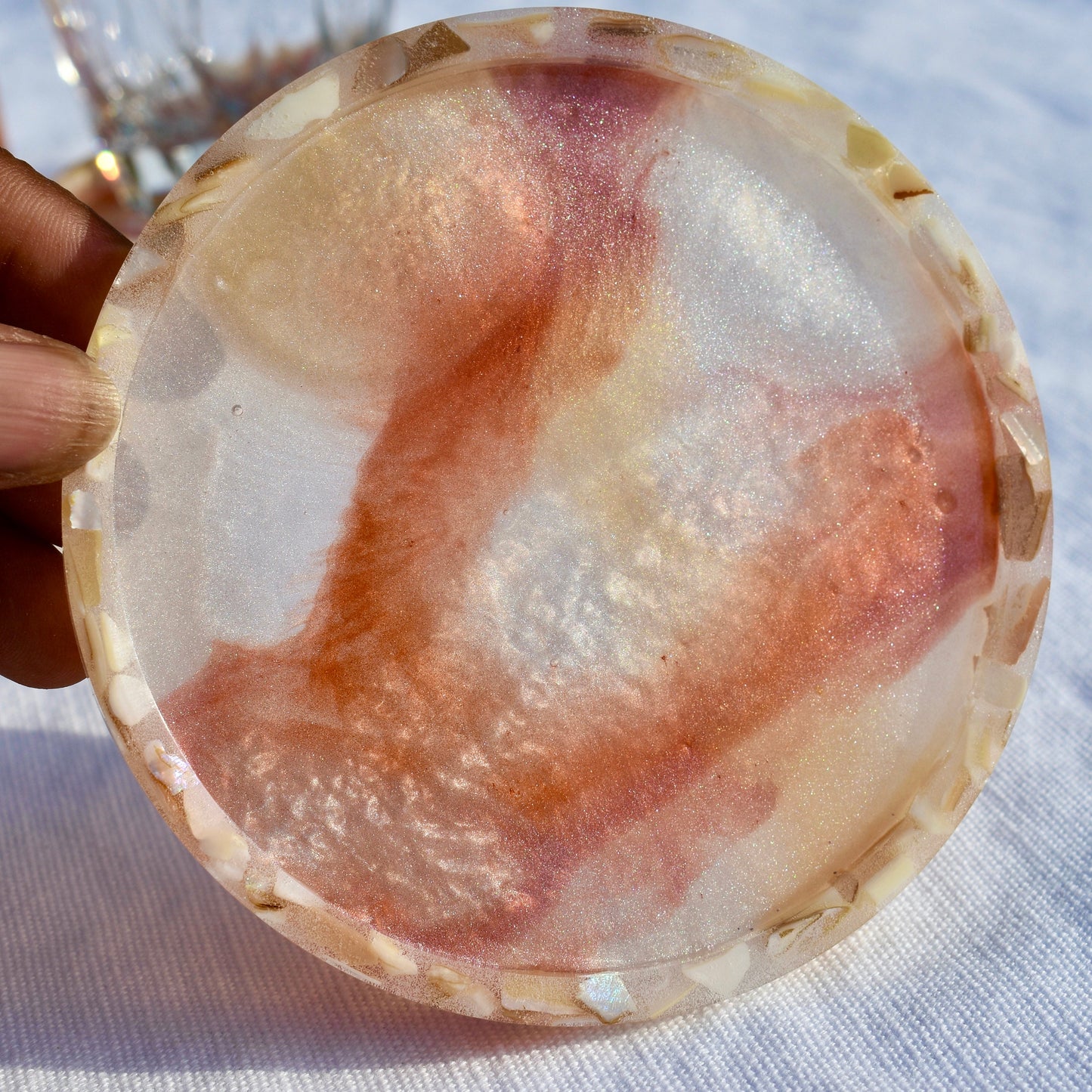 White Autumn Coasters – Pearl Coasters w Abalone Shells - Fall Holiday Coasters – Autumn Vibe Coasters – Autumn Barware - Fall Coasters