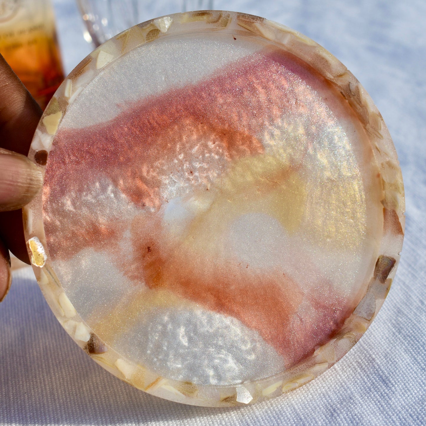 White Autumn Coasters – Pearl Coasters w Abalone Shells - Fall Holiday Coasters – Autumn Vibe Coasters – Autumn Barware - Fall Coasters