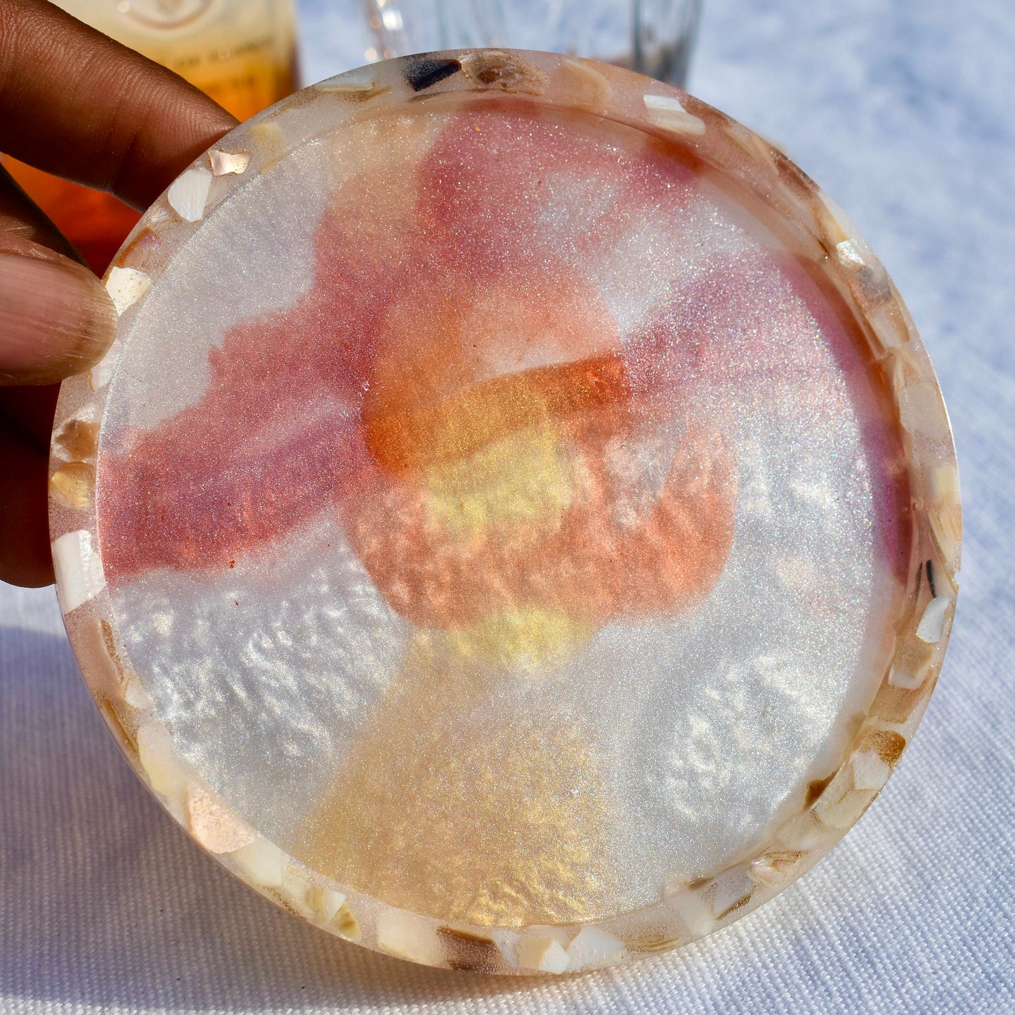 White Autumn Coasters – Pearl Coasters w Abalone Shells - Fall Holiday Coasters – Autumn Vibe Coasters – Autumn Barware - Fall Coasters