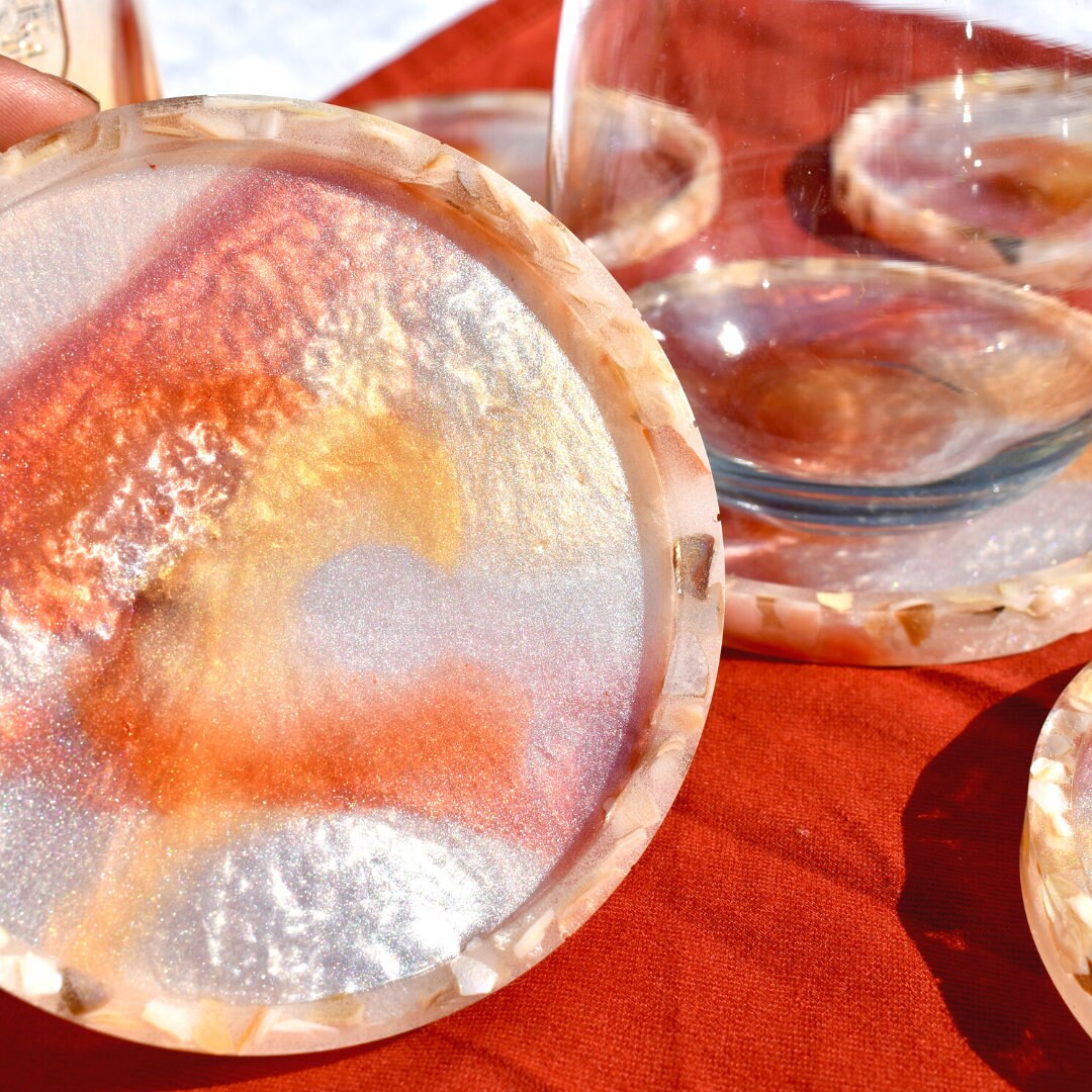 White Autumn Coasters – Pearl Coasters w Abalone Shells - Fall Holiday Coasters – Autumn Vibe Coasters – Autumn Barware - Fall Coasters